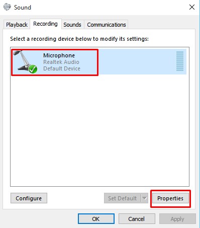 Select the microphone and click on 'Properties'
