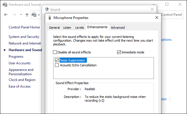On the 'Enhancement' tab, enable 'Noise suppression'