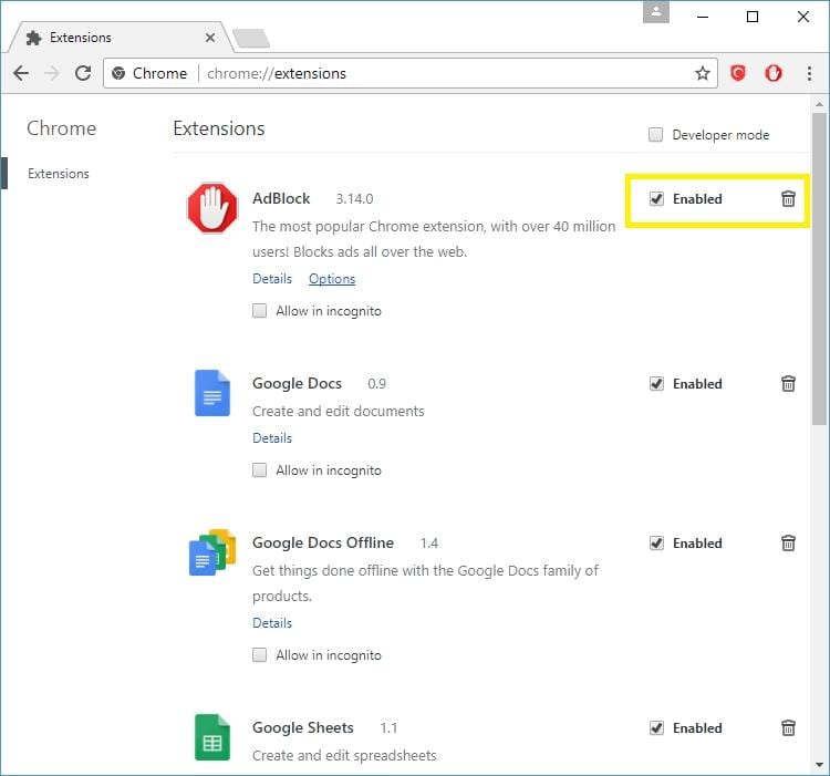 Adblock is not adware, the screenshot shows how to disable any particular extension