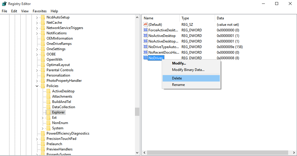 To revert the changes, Delete the 'NoDrives' Value
