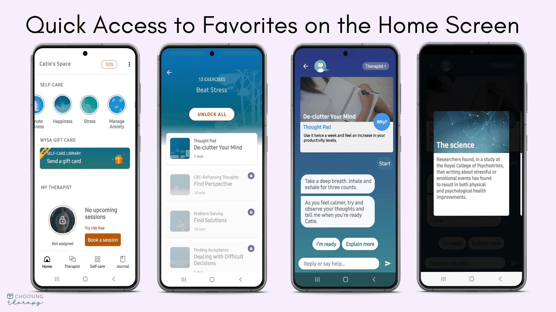 Wysa App Review 2022 - Image of quick access to favorites on the home screen and what the exercises look like.png