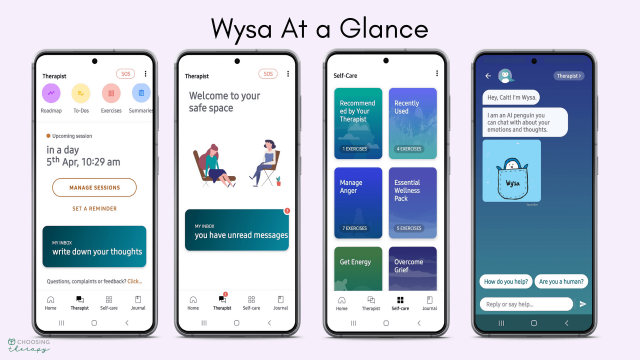 Wysa App Review 2022 - Image of Wysa main screens, home, therapist, self-care, and journal.png