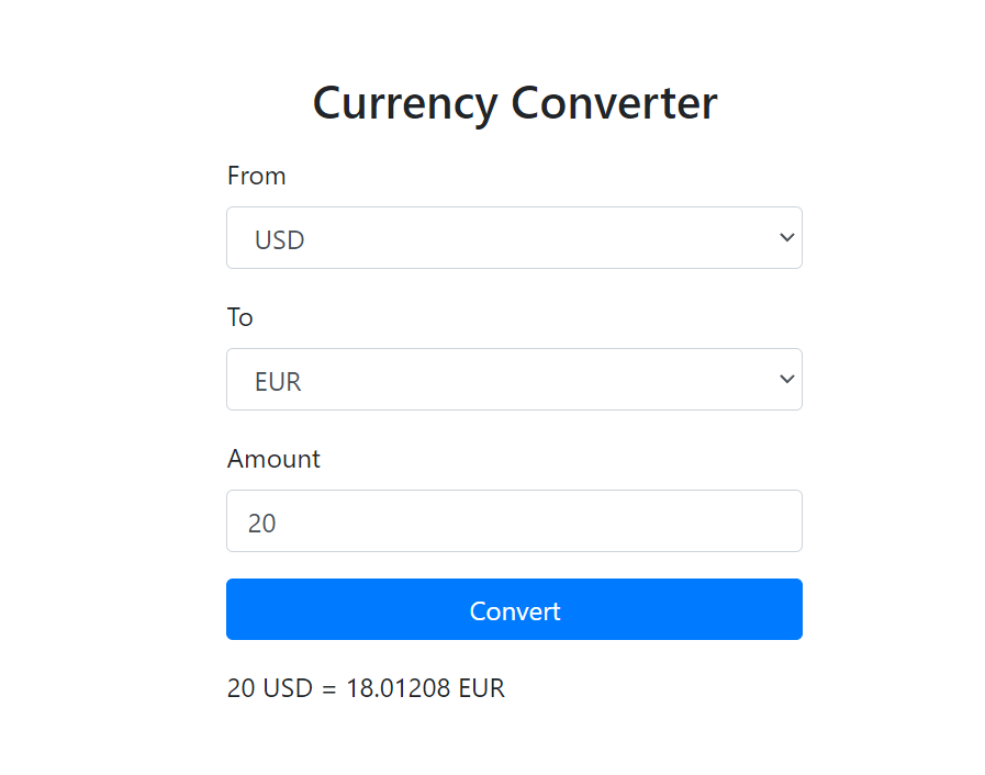 currency converted page of the currency converter application which using a free currency converter API