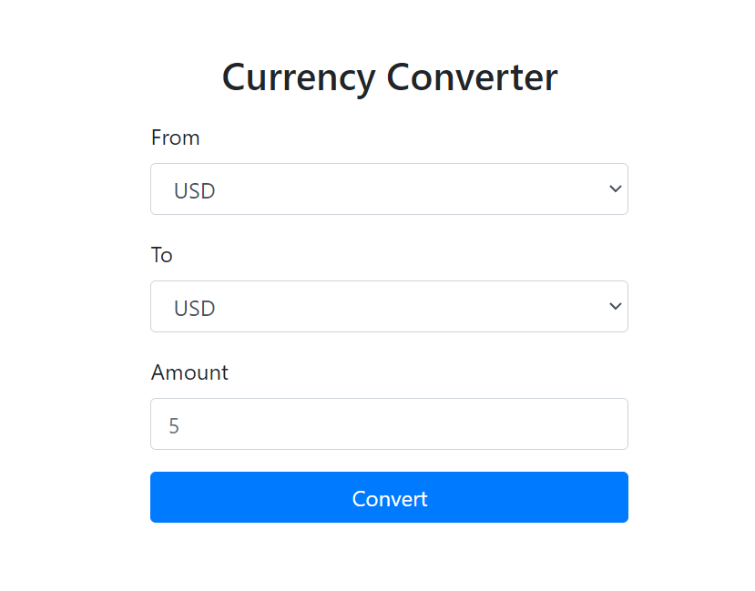 default page of the currency converter application which using a free currency converter API